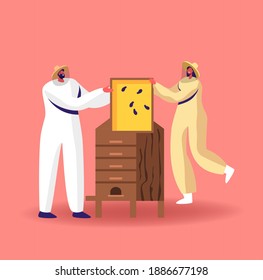 Characters Extracting Honey Concept. Beekeepers in Protective Outfit at Apiary Taking Honeycomb Frame from Wooden Hive. Producing Natural Eco Product, Beekeeping. Cartoon People Vector Illustration