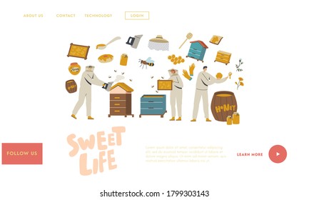 Characters Extracting Honey Landing Page Template. Beekeepers in Protective Outfit at Apiary Taking Honeycomb, Smoke and Put to Jar. Natural Product, Beekeeping Farm. Linear People Vector Illustration