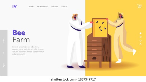 Characters Extracting Honey Landing Page Template. Beekeepers in Protective Outfit at Apiary Taking Honeycomb Frame from Hive. Producing Natural Product, Beekeeping. Cartoon People Vector Illustration