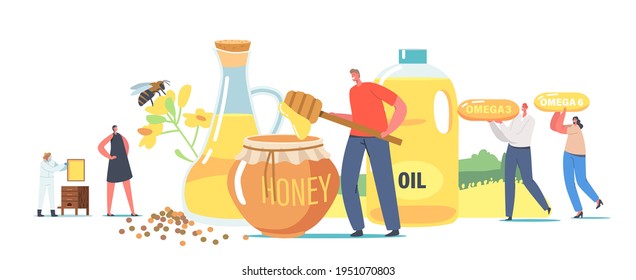 Characters Extracting Rapeseed Canola Oil and Honey. Apiary Production. Beekeeper in Protective Outfit Taking Honeycomb. People Producing Eco Product on Beekeeping Farm. Cartoon Vector Illustration