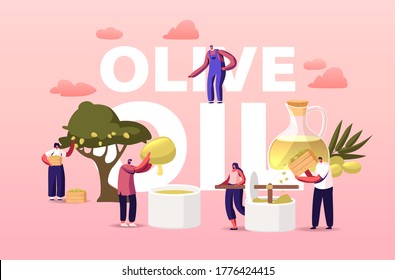 Characters Extracting Virgin Olive Oil Concept. Tiny People Farmers Making Natural Production, Gardening Trees, Pressing Olives into Container Poster Banner Flyer. Cartoon Vector Illustration