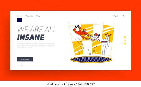 Characters Extremal Sport Experience and Recreation Spare Time Landing Page Template. Couple Hold Hands Flying in Wind Turbine. Skydiving Hobby, Free Fall Aerobatic. Linear People Vector Illustration