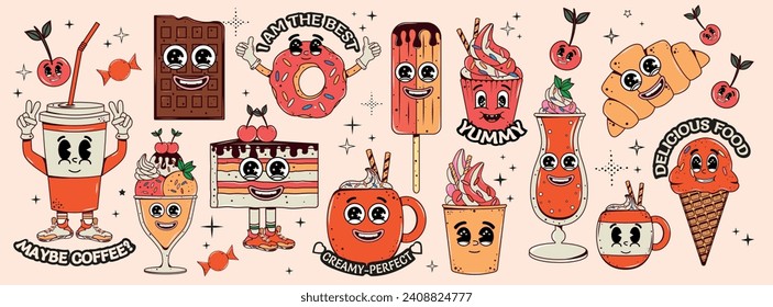 Characters with faces and facial expressions. Set of food in groovy style. Coffee, ice cream, milkshake, chocolate, croissant, Y2k. Vector stock illustration. Isolated. Trendy psychedelic design. 