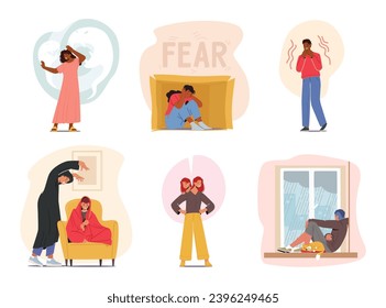 Characters Facing Mental Health Challenges. People Struggle with Anxiety, Fear or Depression, Through Nuanced Emotions, Symbolizing The Complexity Of Mental Wellbeing. Cartoon Vector Illustration
