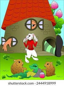Characters from a fairy tale. The girl does not fit in the rabbit's house. An episode from a fairy tale.