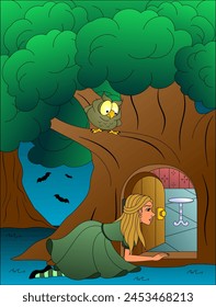 Characters from a fairy tale. Girl and door in a tree. Passage to the hall with a glass table. An episode from a fairy tale. 