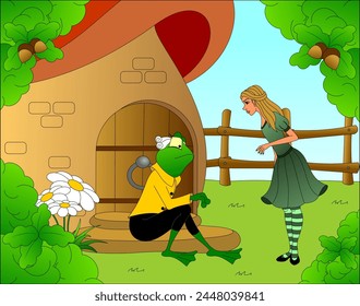 Characters from a fairy tale. A girl and a frog near the Duchess's house. An episode from a fairy tale. 