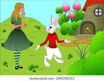 Characters from a fairy tale. A girl and a rabbit in a clearing near the rabbit's house. An episode from a fairy tale.