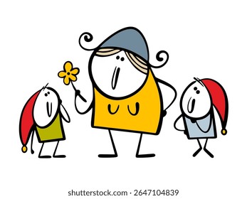 Characters from a fairy tale, Snow White and the dwarfs. Vector illustration of funny little men and a beautiful young girl, friends and flowers.