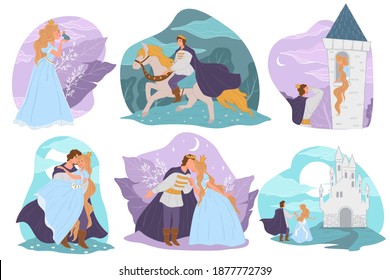 Characters from fairy tale stories and books. Princess and princess, male on white horse.  Beautiful castle and romantic history of couple kissing by moonlight. Vector in flat