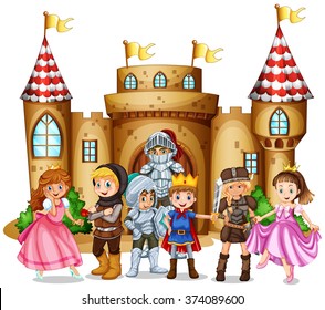 Characters from fairytales and castle illustration