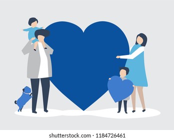 Characters of a family holding a heart shape illustration