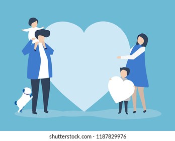 Characters of a family holding a heart shape illustration