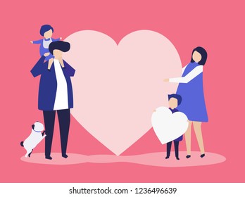 Characters of a family holding a heart shape illustration