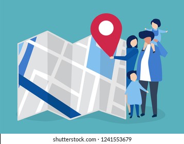 Characters of family with a map and GPS marker illustration