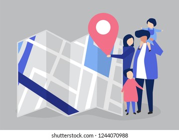 Characters of family with a map and GPS marker illustration