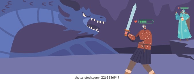 Characters in Fantasy Attire and Virtual Reality Headset Playing Mmorpg Video Game. Warrior and Wizard Fight with Dragon in Immersive 3d Digital World, Gaming Experience. Cartoon Vector Illustration