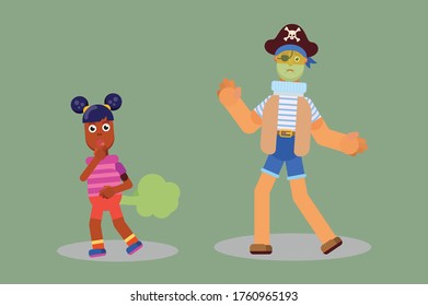 Characters of a farting little girl and a pirate feeling disgusting. Thanksgiving theme. Simple character vector illustration.