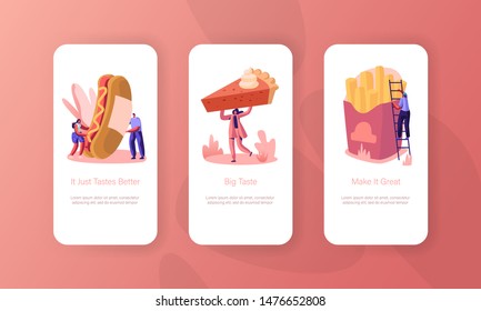 Characters and Fast Food Mobile App Page Onboard Screen Set. People Eat Huge Hot Dog with Mustard, French Fries, Pie. Street Junkfood Concept for Website or Web Page Cartoon Flat Vector Illustration