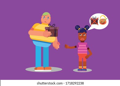 Characters of a fat boy give his gift to a girl. Halloween theme. Simple character vector illustration, this illustration can use as a sticker also.