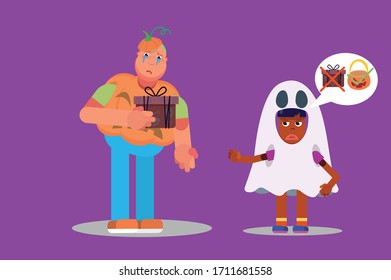 Characters of a fat boy wearing a pumpkin costume and a little with a ghost costume. Halloween theme. Simple character vector illustration, this illustration can use as a sticker also.