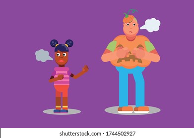 Personajes de un chico gordo con traje de calabaza y un niño pequeño. Tema de Halloween. Ilustración vectorial de carácter simple.