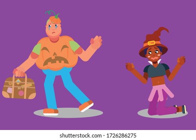 Characters of a fat boy and a witch. Halloween theme. Simple character vector illustration, this illustration can use as a sticker also.