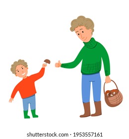 Characters for Fatheres Day. Father and son went for mushrooms together.
