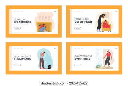 Characters with Fear Mental Problems Landing Page Template Set. Agoraphobia, Introversion Disorder, Depression or Schizophrenia. Neurological Psychological Sickness. Cartoon People Vector Illustration