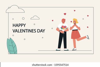 Characters for the feast of Happy Valentine's Day. Vector illustration of a couple in love, young man gives a bouquet of flowers to a cute girl. Can use banner, flyer, poster landing page.