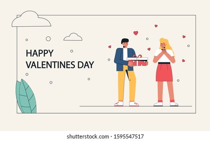 Characters for the feast of Happy Valentine's Day. Vector illustration of a couple in love, young man gives a giftbox to a cute woman. Can use banner, flyer, poster landing page, greeting card.
