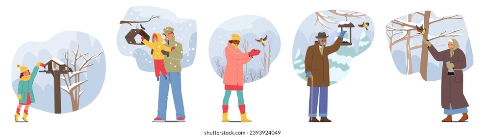 Characters Feeding Birds In The Serene Winter Landscape. Joyful People Scatter Birdseed, Feathers Flutter As Grateful Birds Gather, Creating Heartwarming Wintertime Scene. Cartoon Vector Illustration