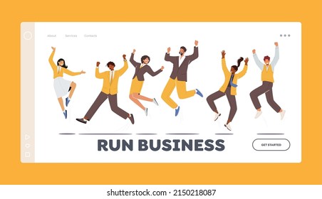 Characters Feel Positive Emotions Landing Page Template. Happy Office Employees Jump with Raised Arms, Rejoice, Victory or Success. Good Mood Laughing. Cartoon People Vector Illustration