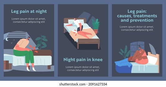 Los personajes sienten un agudo dolor muscular en caricaturas de las piernas, calambres nocturnos. Personas que sufren espasmos y extremidades de las extremidades, hombres y mujeres en camas con garras agudas repentinas a pie y ángel. Ilustración vectorial