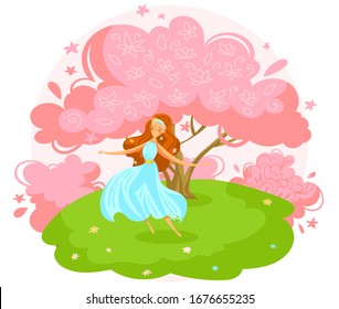 Characters female dance under pink tree, lovely woman, isolated on white, flat vector illustration. Girl in outdoor park, measure in romantic place. Princess dancing dance in wood.