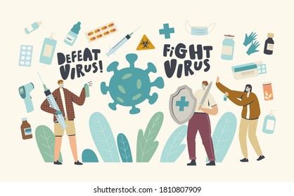 Characters Fight with Virus Concept. People Holding Shield and Syringe, Using Sanitizers Protecting from Contagious Infection. Health Immunization, Medical Vaccination. Linear Vector Illustration