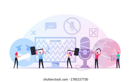 Characters Fighting with Censorship Concept. People Remove Adhesive Tape from Mount, Cut Chains and Censored Info. International Freedom of Speech, Press, Human Right Day. Cartoon Vector Illustration