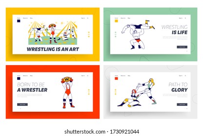 Characters Fighting on Wrestling Competition Landing Page Template Set. Men and Women Athletes Performing Sport Show on Arena. Winner Demonstrate Belt above Head. Linear Vector People Illustration