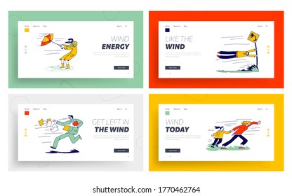 Characters Fighting with Strong Wind Landing Page Template Set. Woman with Destroyed Umbrella Trying to Protect from Storm. Man Hanging on Road Sign, Scattered Docs. Linear People Vector Illustration