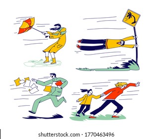 Characters Fighting with Strong Wind, Woman with Destroyed Umbrella Trying to Protect from Storm and Rain. Man Hanging on Road Sign, Businessman with Scattered Docs. Linear People Vector Illustration