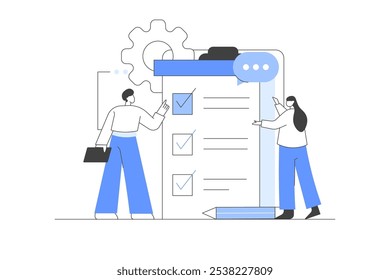 Characters Filling online survey form on gadgets, to do list paper note. Online survey. Customer service and user experience concept. Vector Illustration, icon. Stylish, Minimalist line, abstract