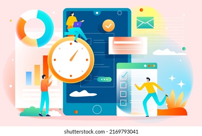Characters financial management, business office, with various data graphs and tables in the background, vector illustration