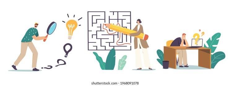 Characters Finding Idea, Answer and Solution in Labyrinth. Challenge and Problem Solving Concept. Confused People at Maze Thinking how to Pass Difficult Way for Success. Cartoon Vector Illustration