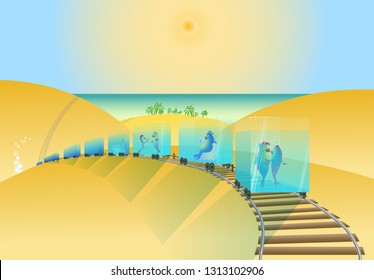 Characters fish go to the sea by train. Concept travel vacation. Carriages, aquariums, scenes from life. Vector illustration