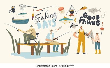 Characters Fishing Hobby, Fishermen Sitting on Pier with Rod Having Good Catch. Father with Daughter on Lake or River Catching Fish at Summer Day, Vacation Leisure. Linear People Vector Illustration