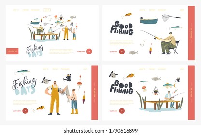 Characters Fishing Hobby Landing Page Template Set. Fishermen Sitting on Pier with Rod Have Good Catch. Father with Daughter on Lake or River Catching Fish, Leisure. Linear People Vector Illustration