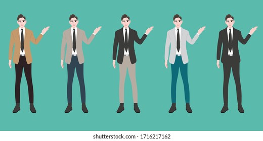personajes cinco joven Suit vestido con ropa de moda, de pie juntos. Grupo de amigos o activistas. personajes de caricaturas masculinos aislados en fondo verde claro. Ilustración vectorial de color plano