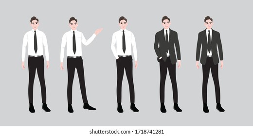 personajes cinco joven Suit vestido con ropa de moda, de pie juntos. Grupo de amigos o activistas. personajes de caricaturas masculinos. Ilustración vectorial de color plano