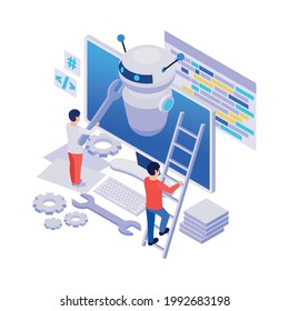 Characters fixing computer chatbot isometric icon 3d vector illustration