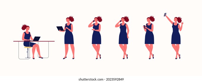 Characters flat vector cartoon illustrations. Confident, successful people. Woman works at computer, takes selfie, talks on phone, communicates via messenger.Set of poses and actions of business lady.